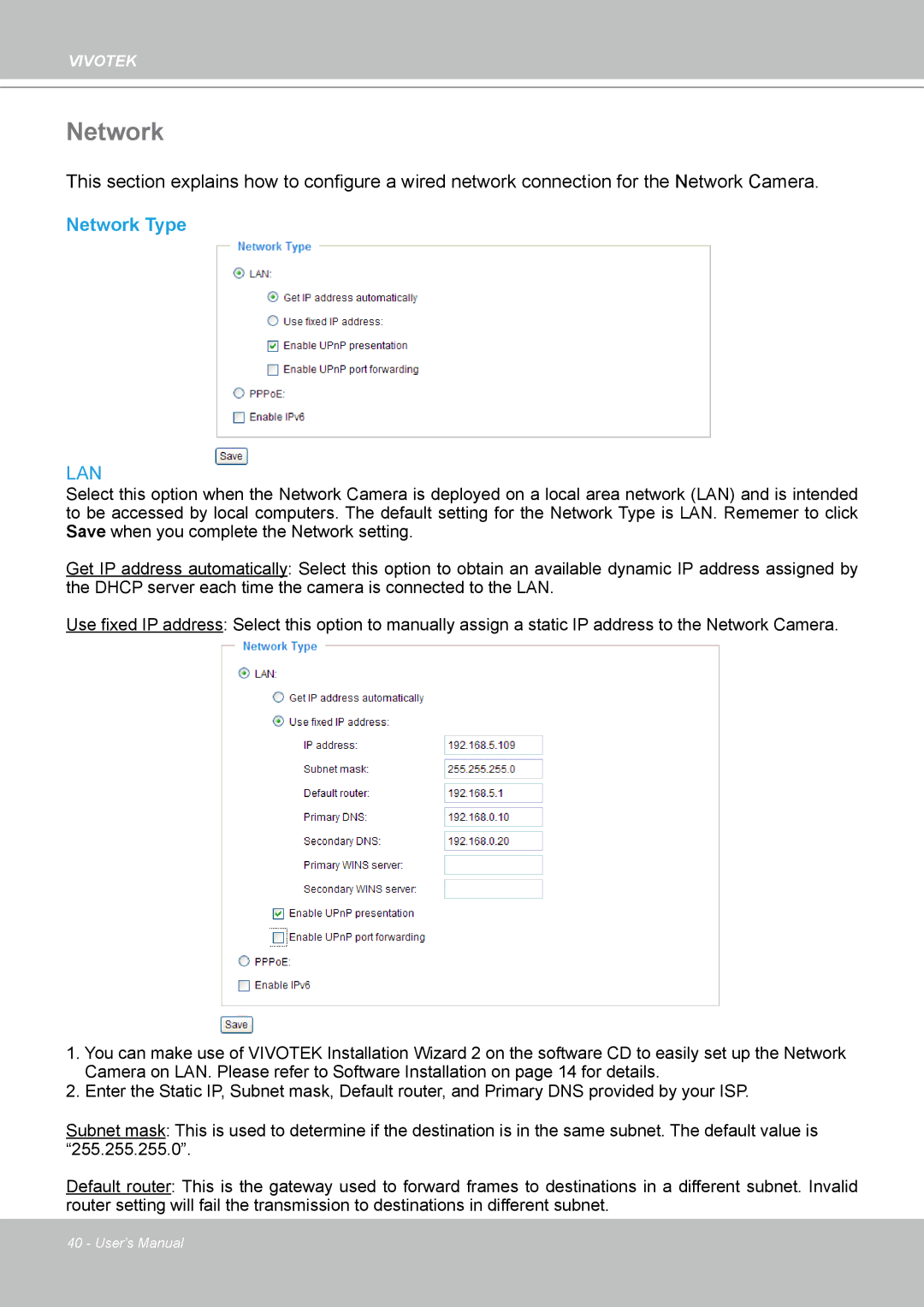 Vivotek IP-8332C user manual Network Type 