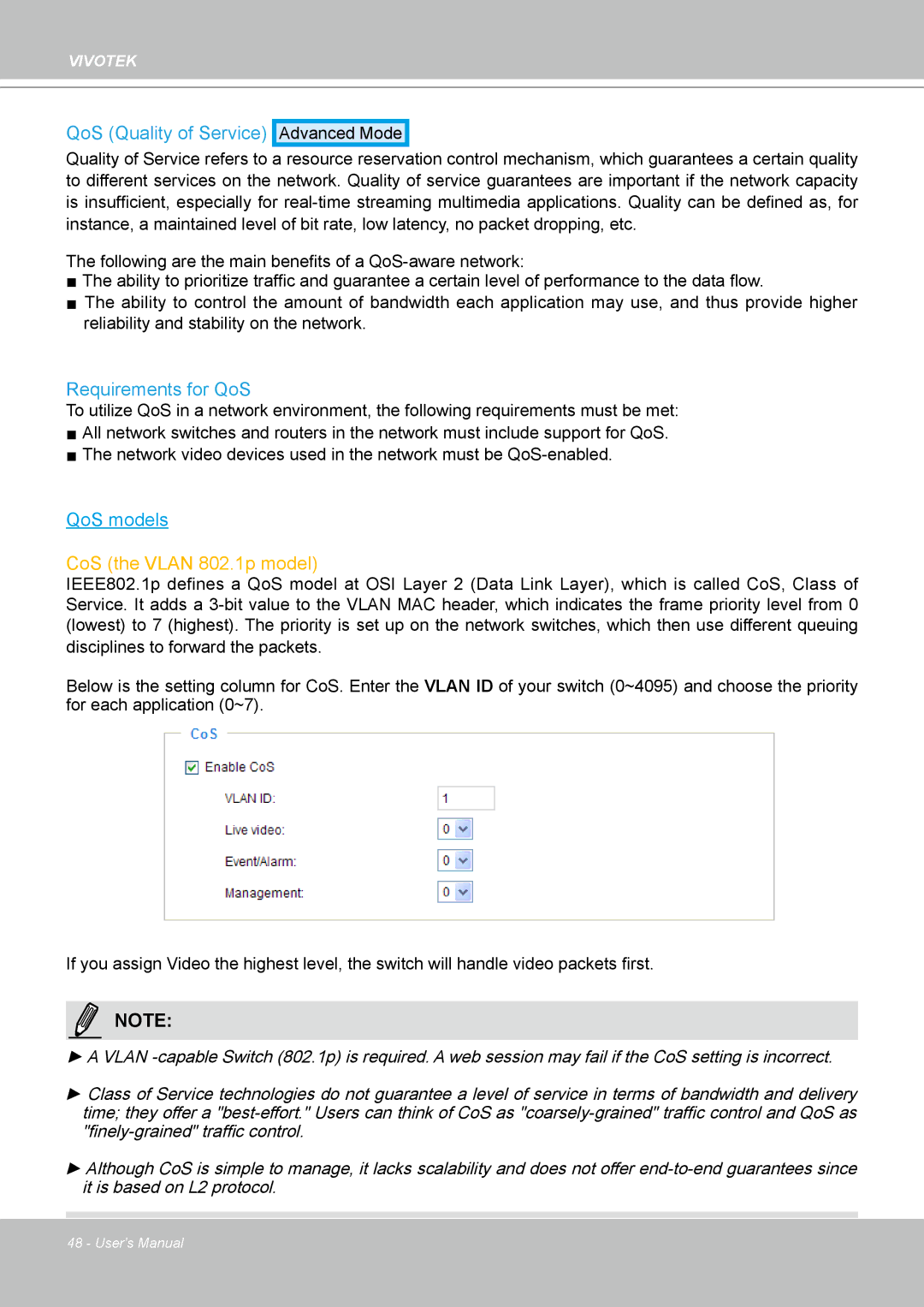 Vivotek IP-8332C user manual CoS the Vlan 802.1p model 