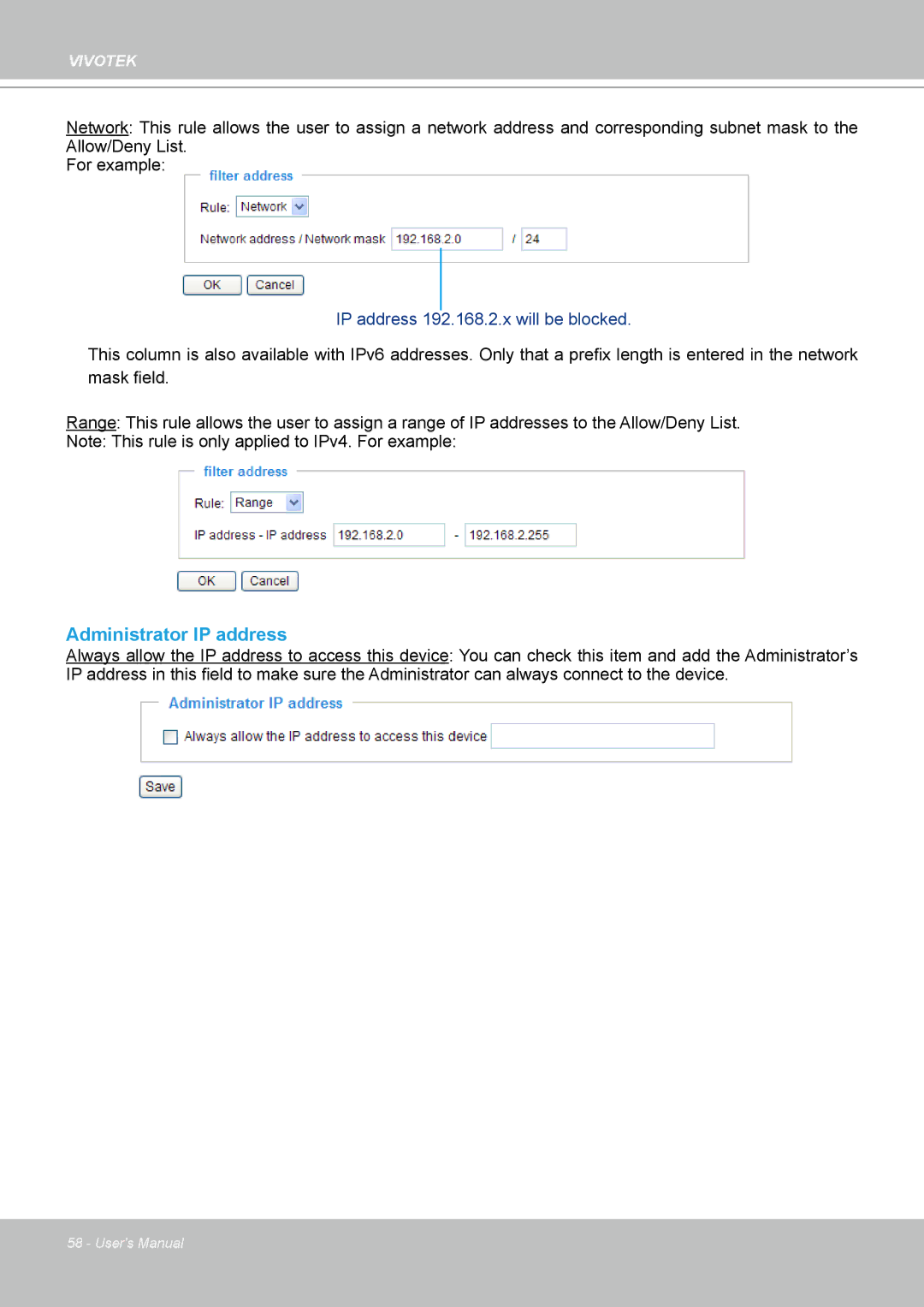 Vivotek IP-8332C user manual Administrator IP address, IP address 192.168.2.x will be blocked 