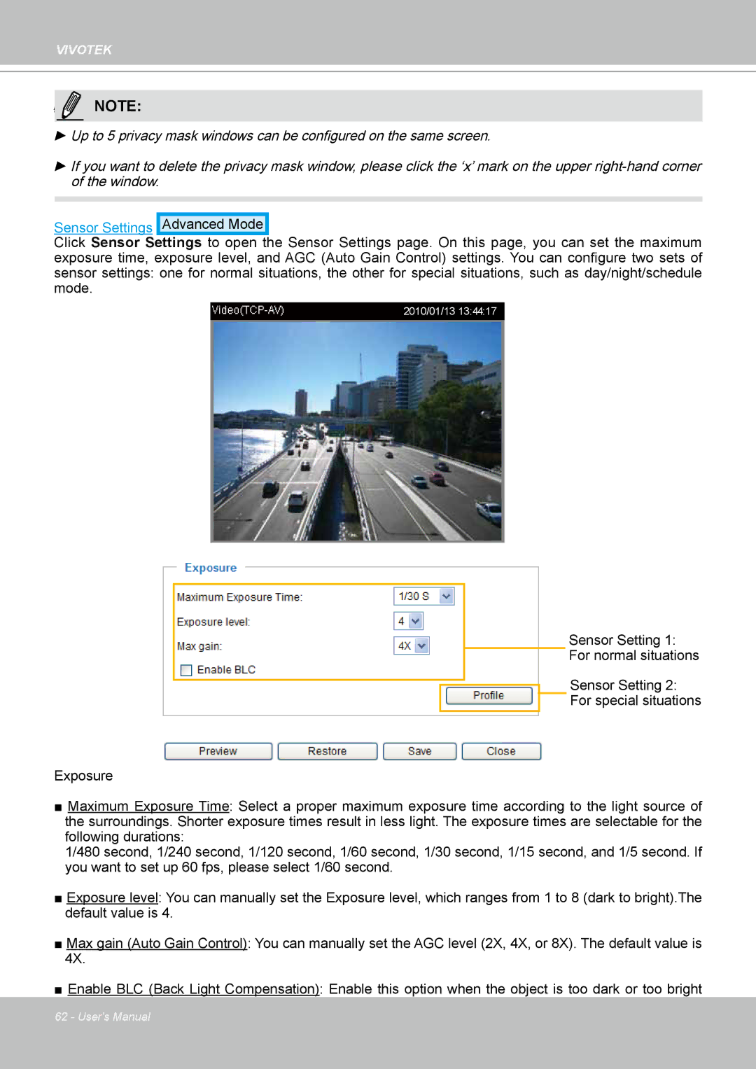 Vivotek IP-8332C user manual Sensor Settings Advanced Mode 