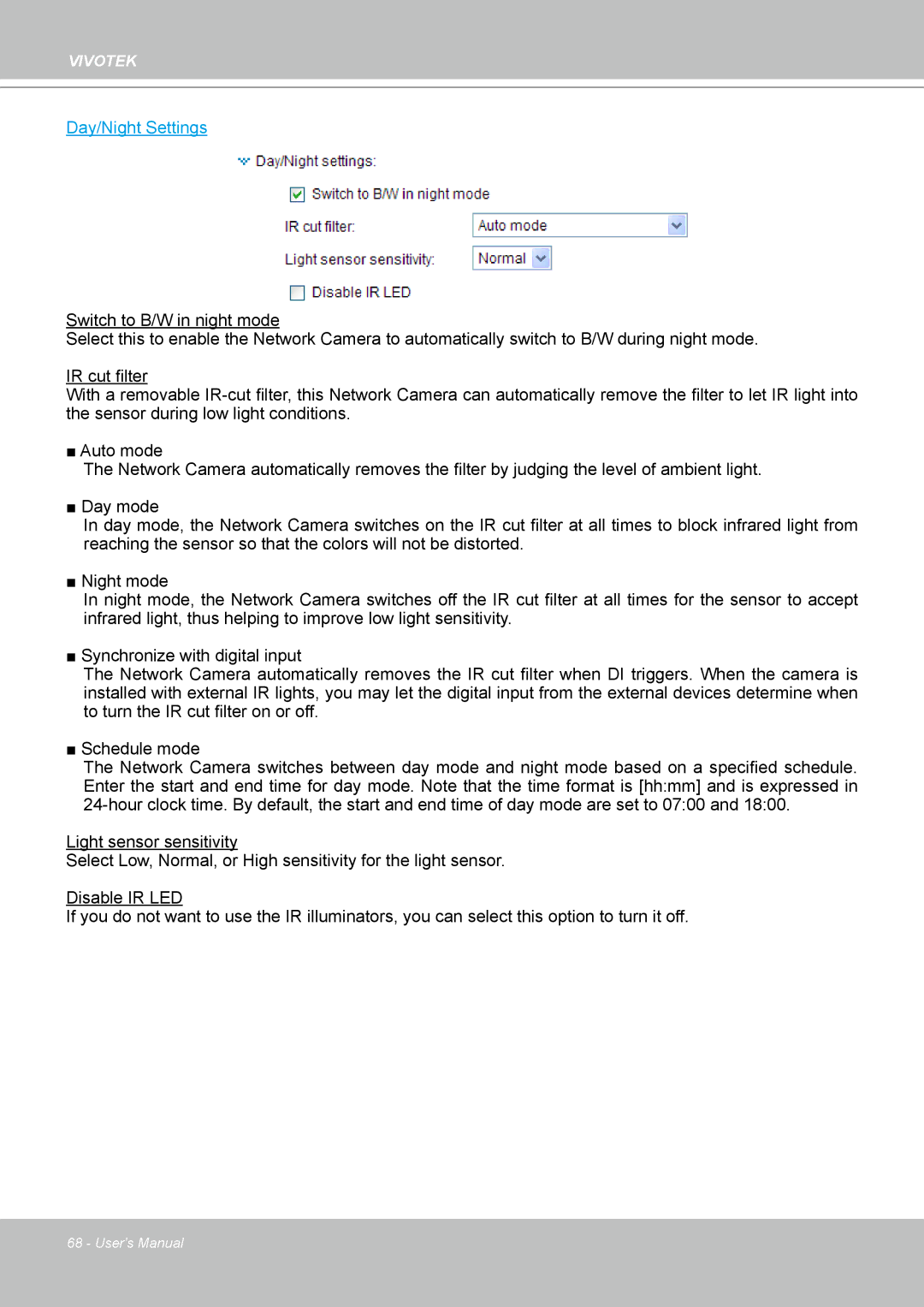 Vivotek IP-8332C user manual Day/Night Settings 