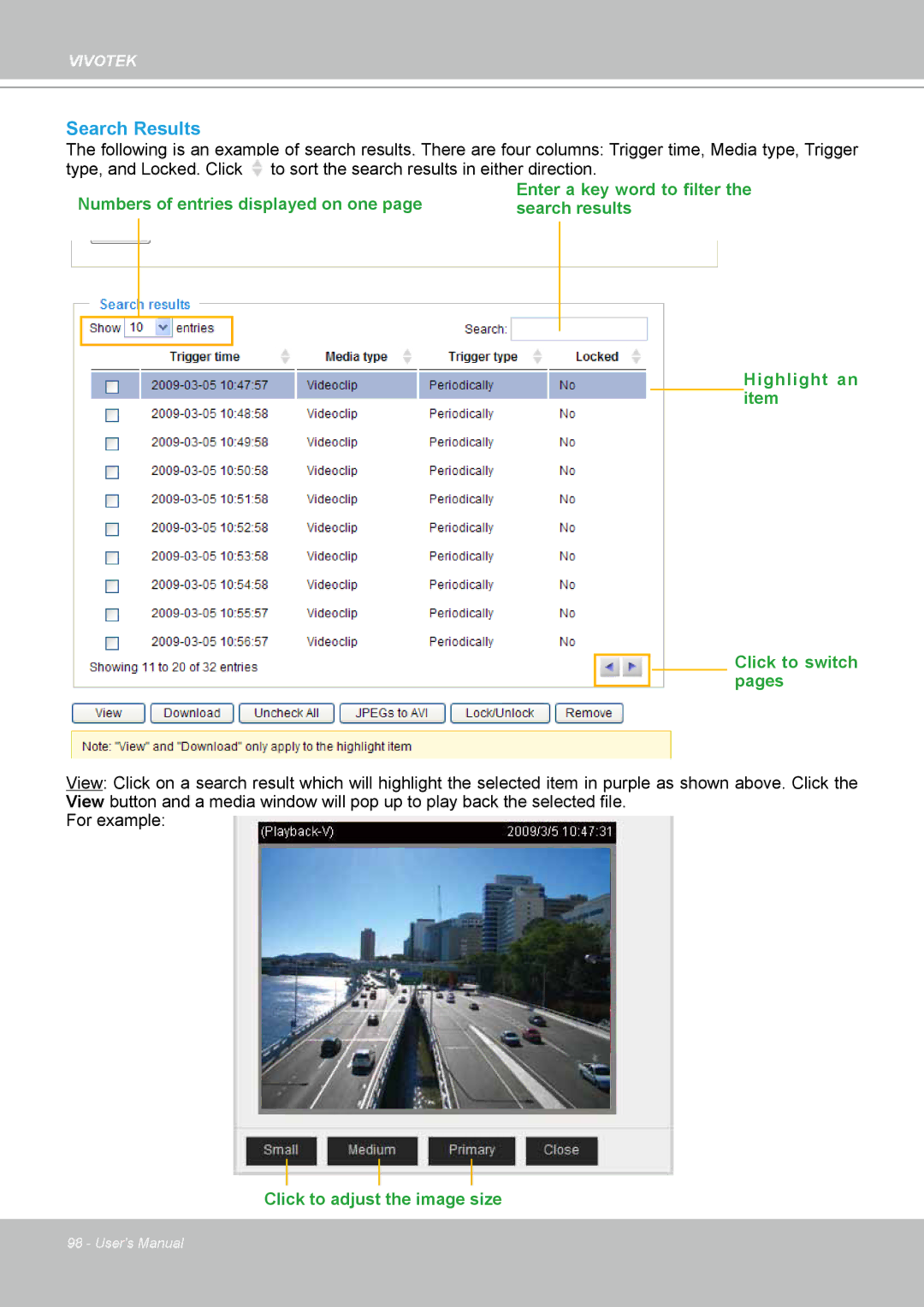 Vivotek IP-8332C user manual Search Results, Click to adjust the image size 