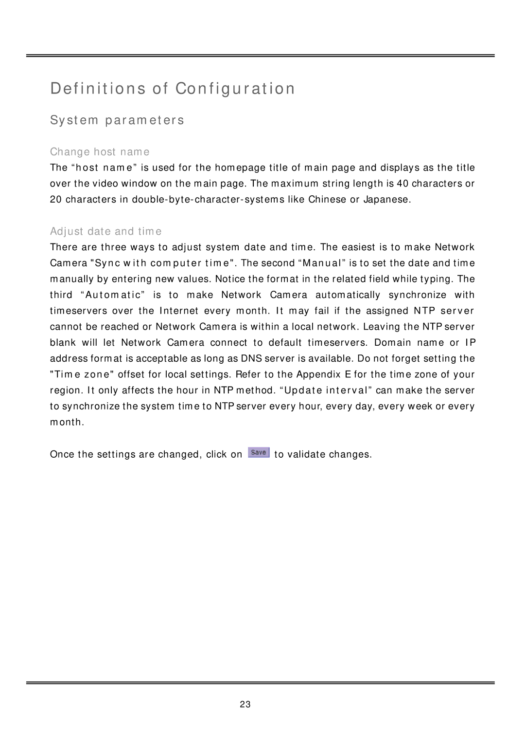 Vivotek IP2112, IP2122 manual Definitions of Configuration, System parameters, Change host name, Adjust date and time 