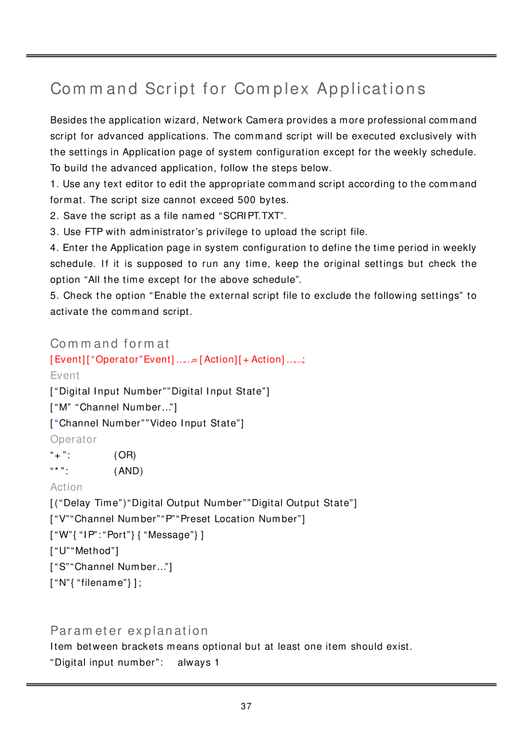 Vivotek IP2112, IP2122 manual Command Script for Complex Applications, Command format, Parameter explanation 