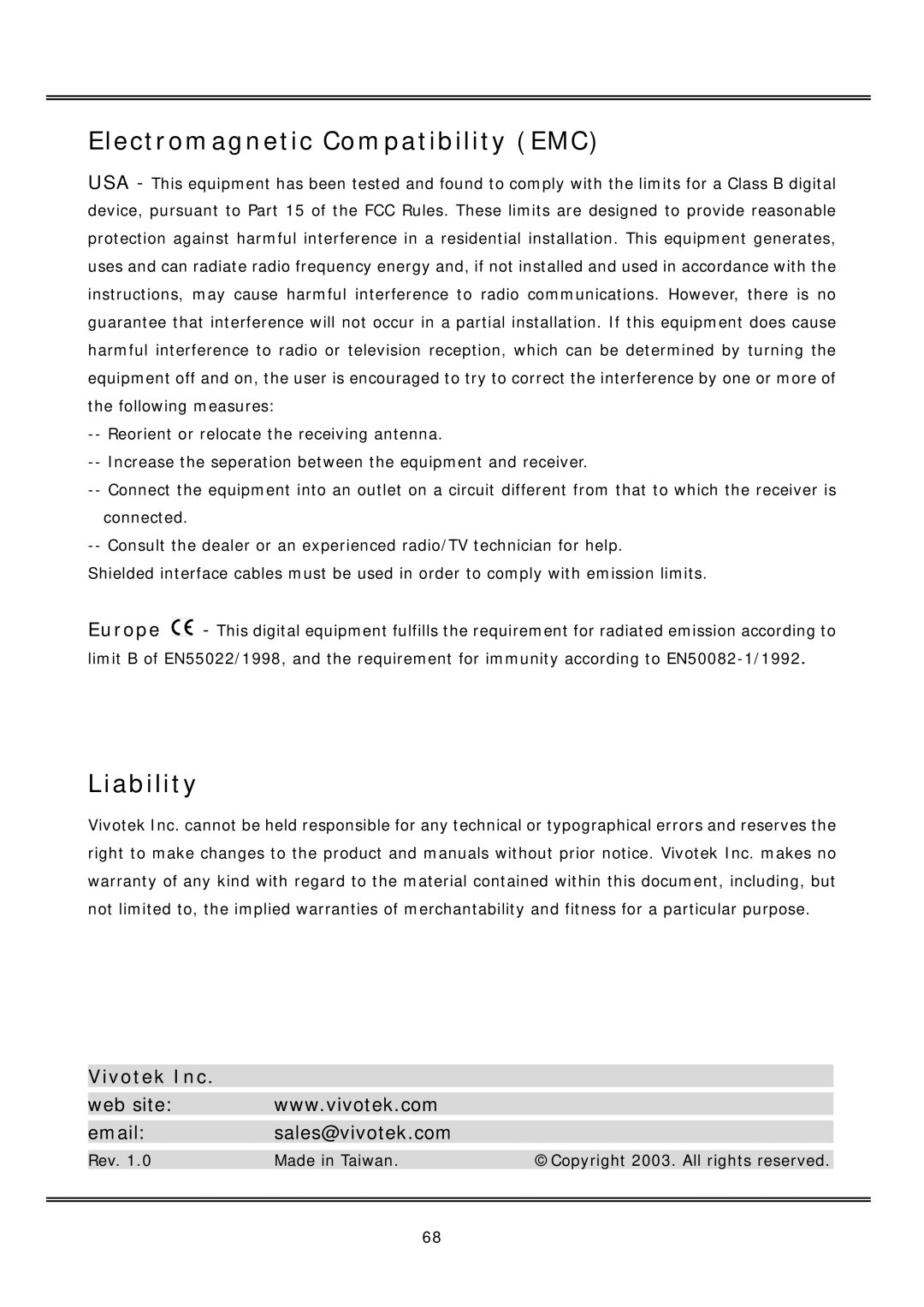 Vivotek IP2122, IP2112 manual Electromagnetic Compatibility EMC 