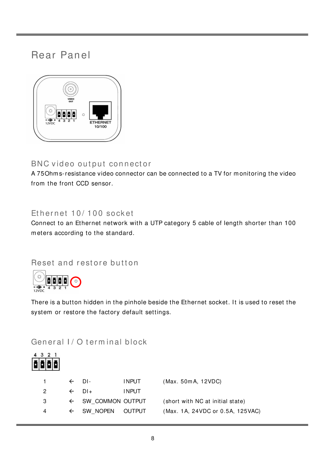 Vivotek IP2122, IP2112 manual Rear Panel, BNC video output connector, Ethernet 10/100 socket, General I/O terminal block 