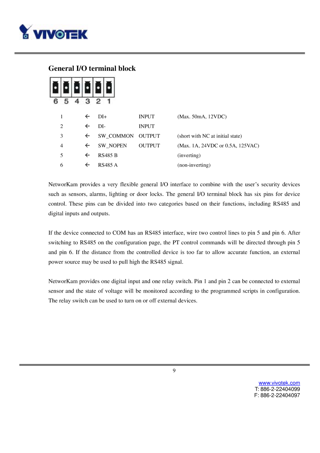 Vivotek IP2121, IP2111 user manual General I/O terminal block 