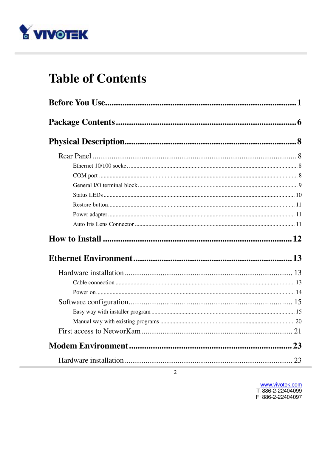 Vivotek IP2111, IP2121 user manual Table of Contents 