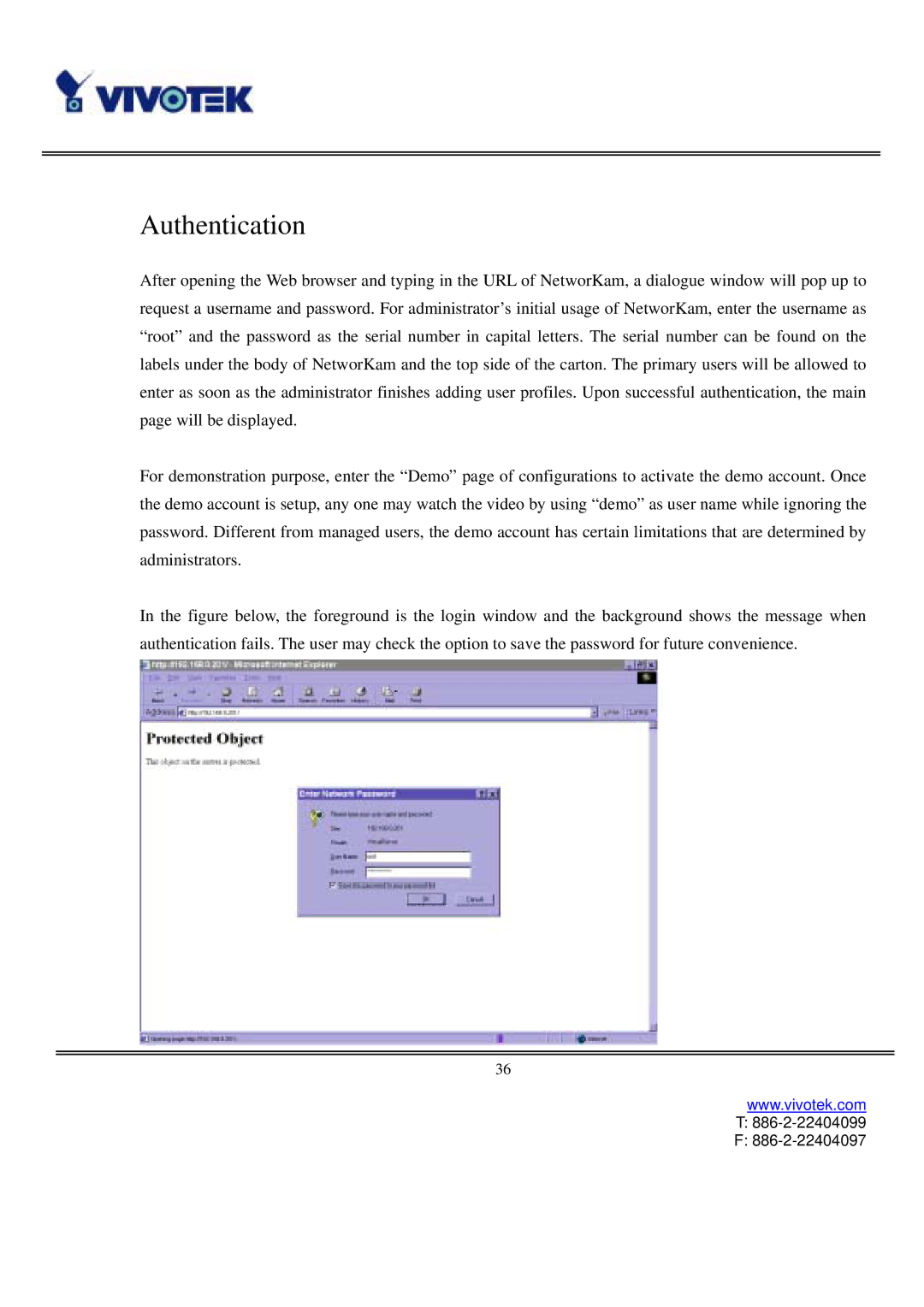 Vivotek IP2111, IP2121 user manual Authentication 