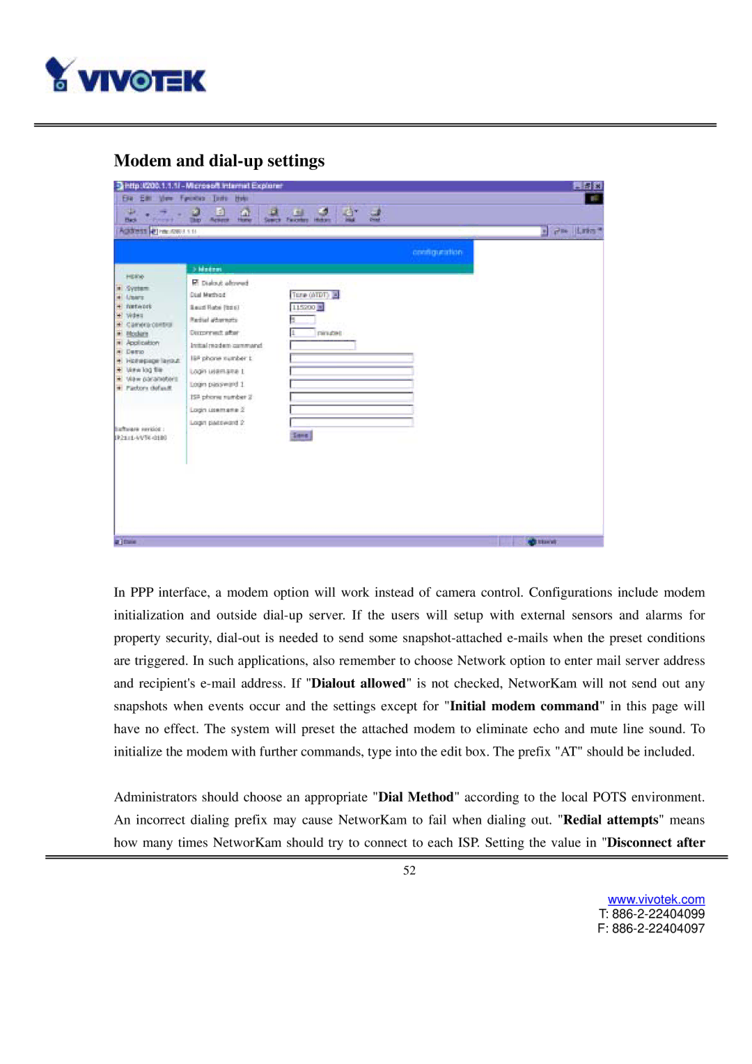 Vivotek IP2111, IP2121 user manual Modem and dial-up settings 