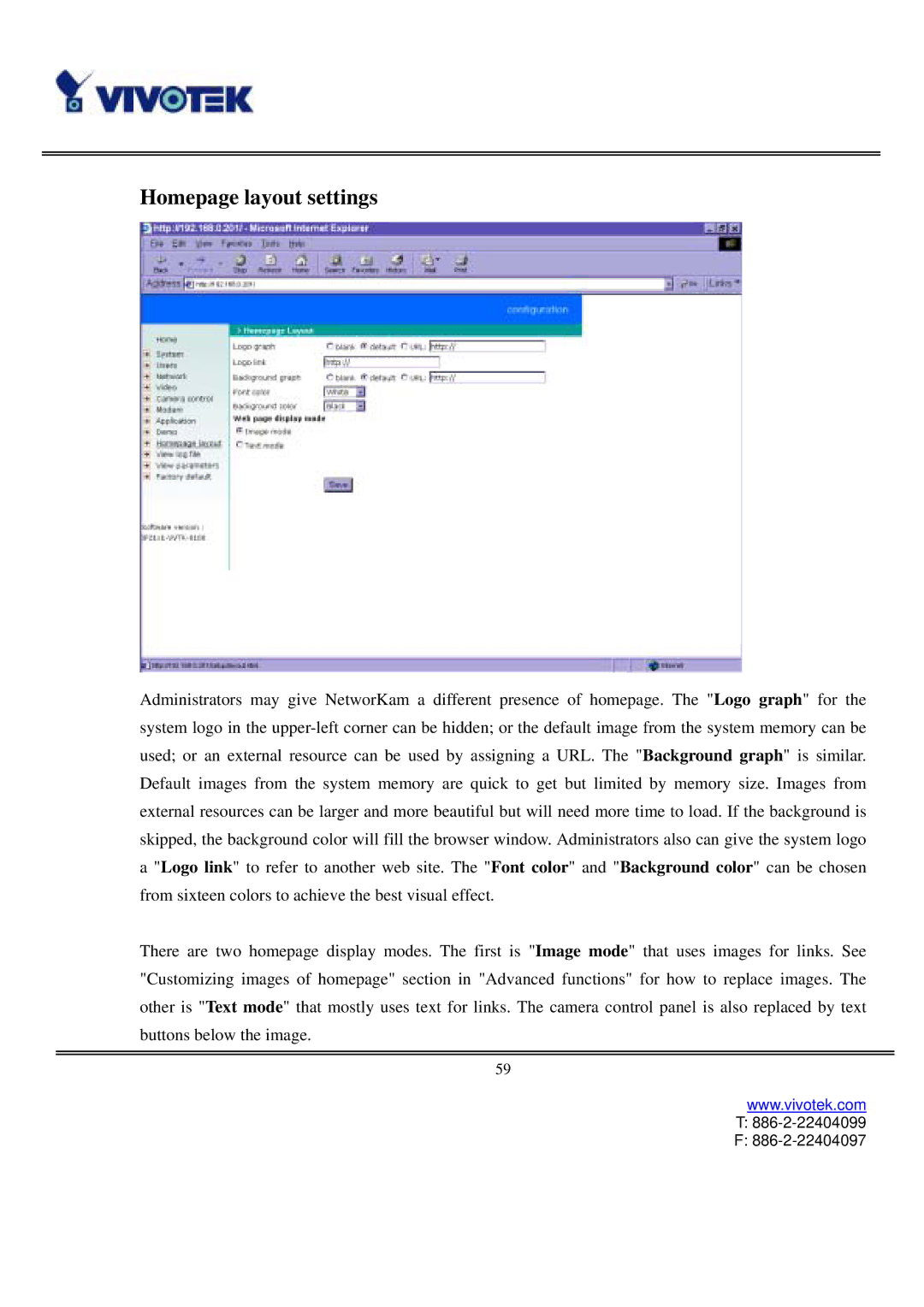 Vivotek IP2121, IP2111 user manual Homepage layout settings 