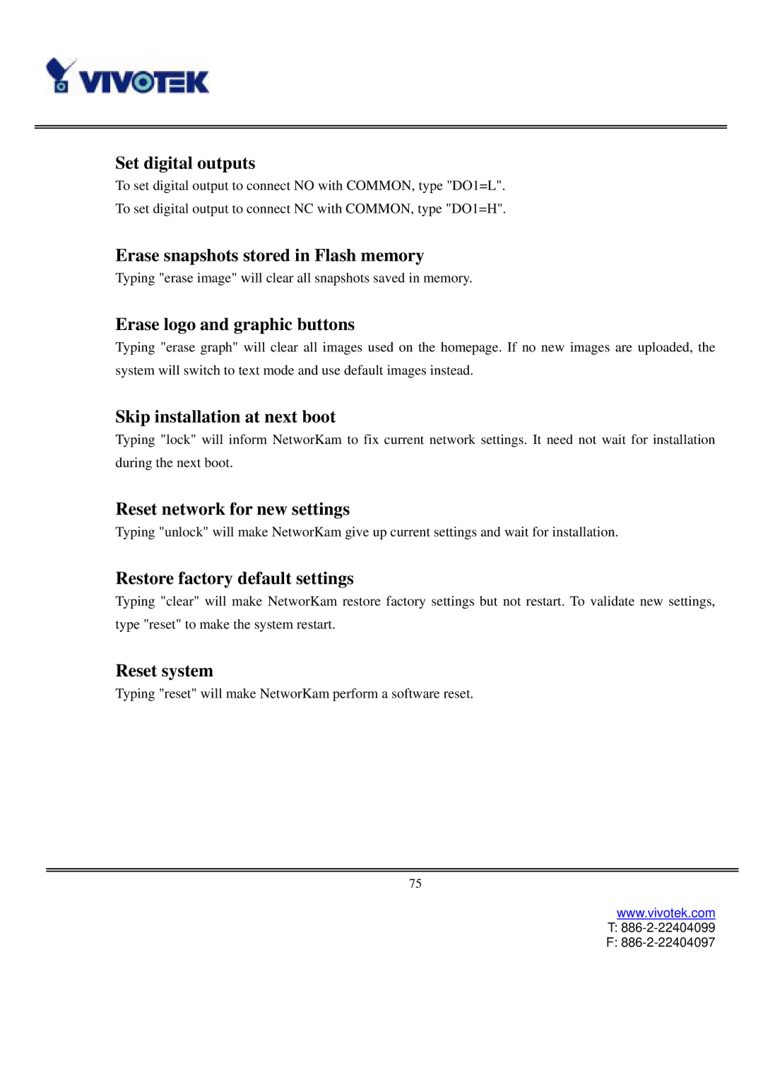 Vivotek IP2121 Set digital outputs, Erase snapshots stored in Flash memory, Erase logo and graphic buttons, Reset system 