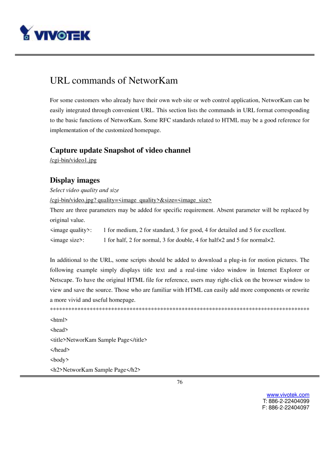 Vivotek IP2111, IP2121 user manual URL commands of NetworKam, Capture update Snapshot of video channel, Display images 