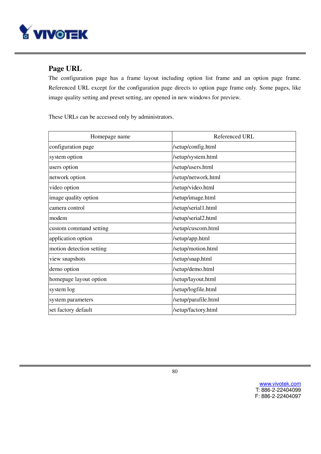 Vivotek IP2111, IP2121 user manual Url 