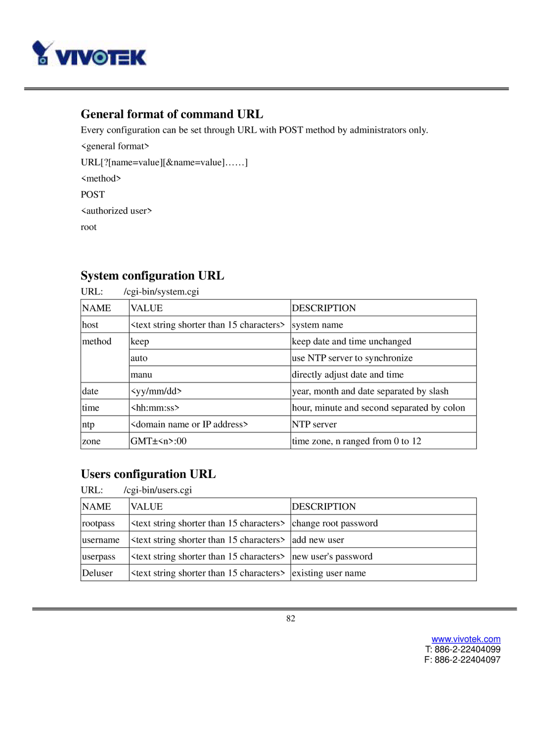 Vivotek IP2111, IP2121 user manual General format of command URL, System configuration URL, Users configuration URL 