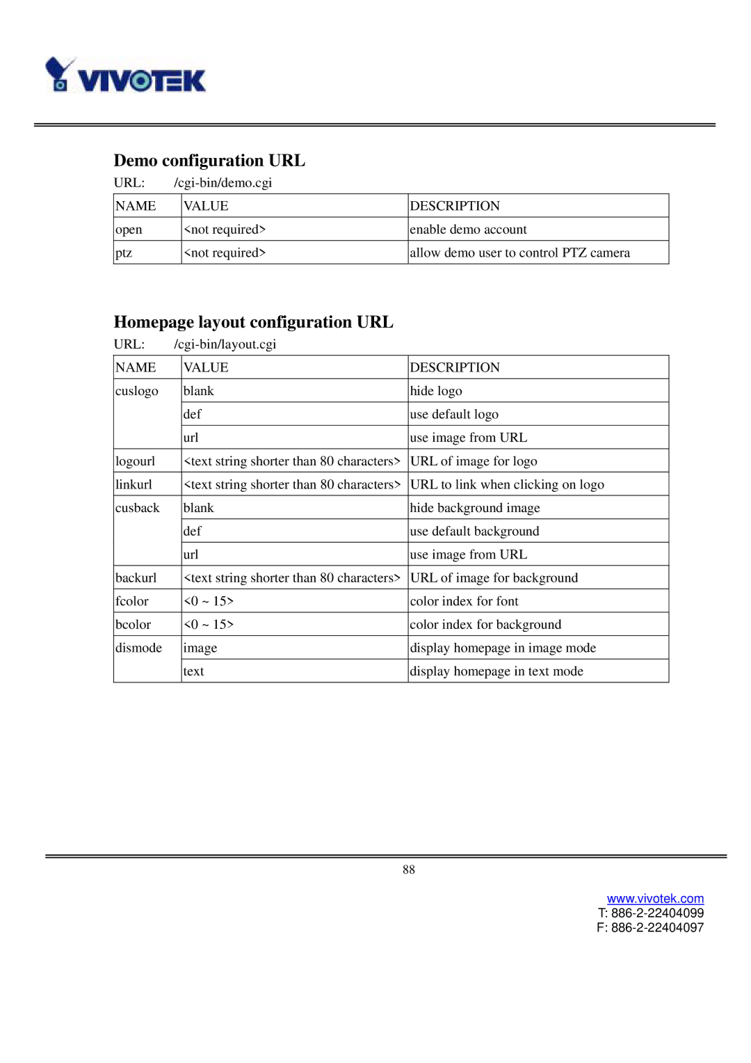 Vivotek IP2111, IP2121 user manual Demo configuration URL, Homepage layout configuration URL 