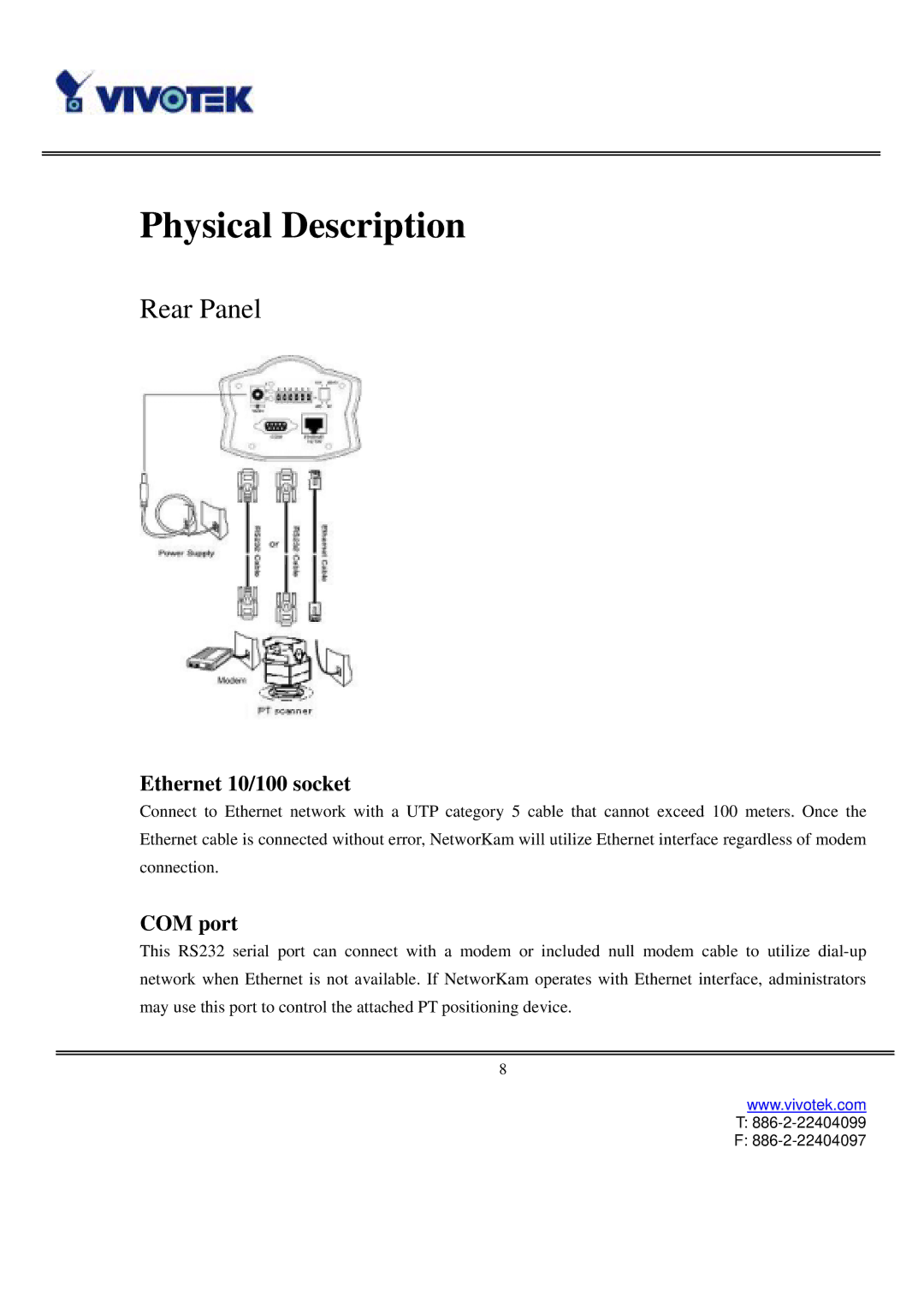 Vivotek IP2111, IP2121 user manual Physical Description, Rear Panel, Ethernet 10/100 socket, COM port 