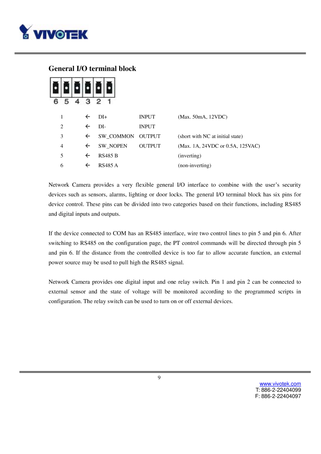 Vivotek IP3111/3121 manual General I/O terminal block 