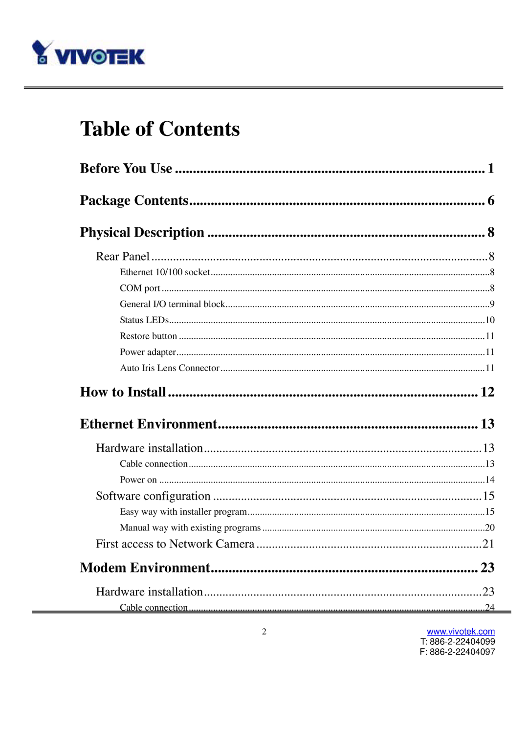 Vivotek IP3111/3121 manual Table of Contents 