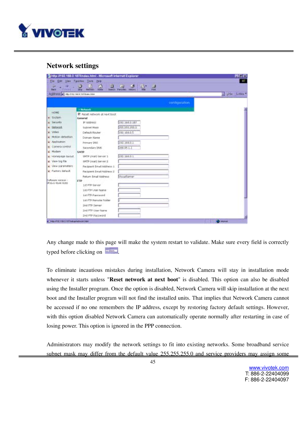 Vivotek IP3111/3121 manual Network settings 