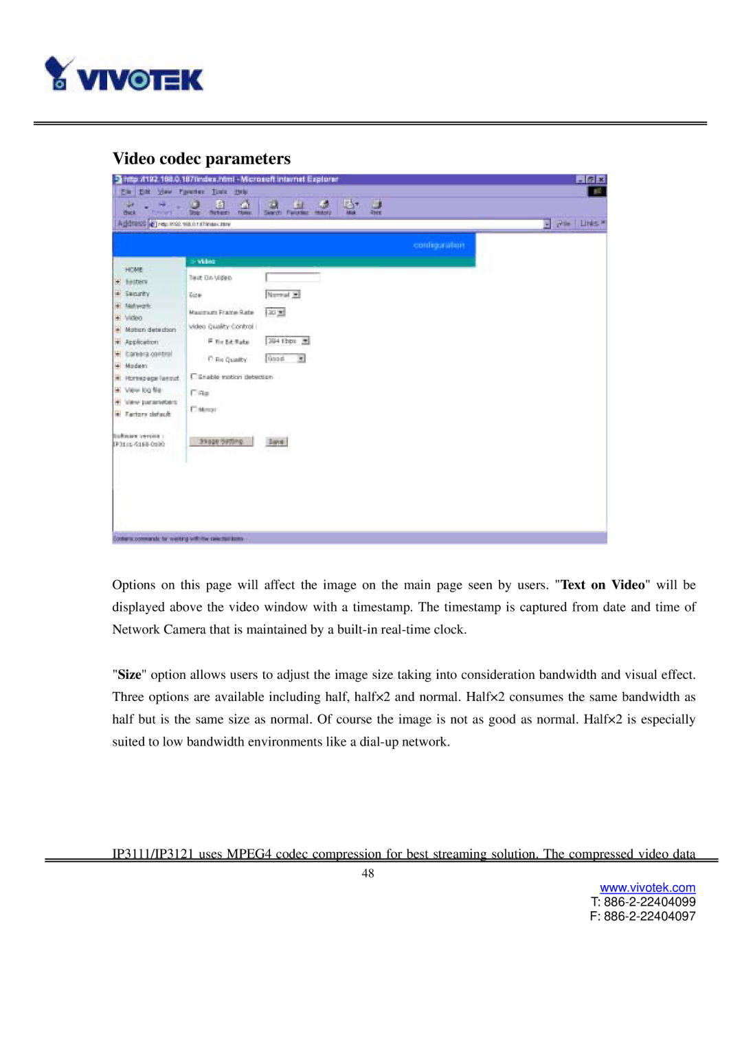Vivotek IP3111/3121 manual Video codec parameters 