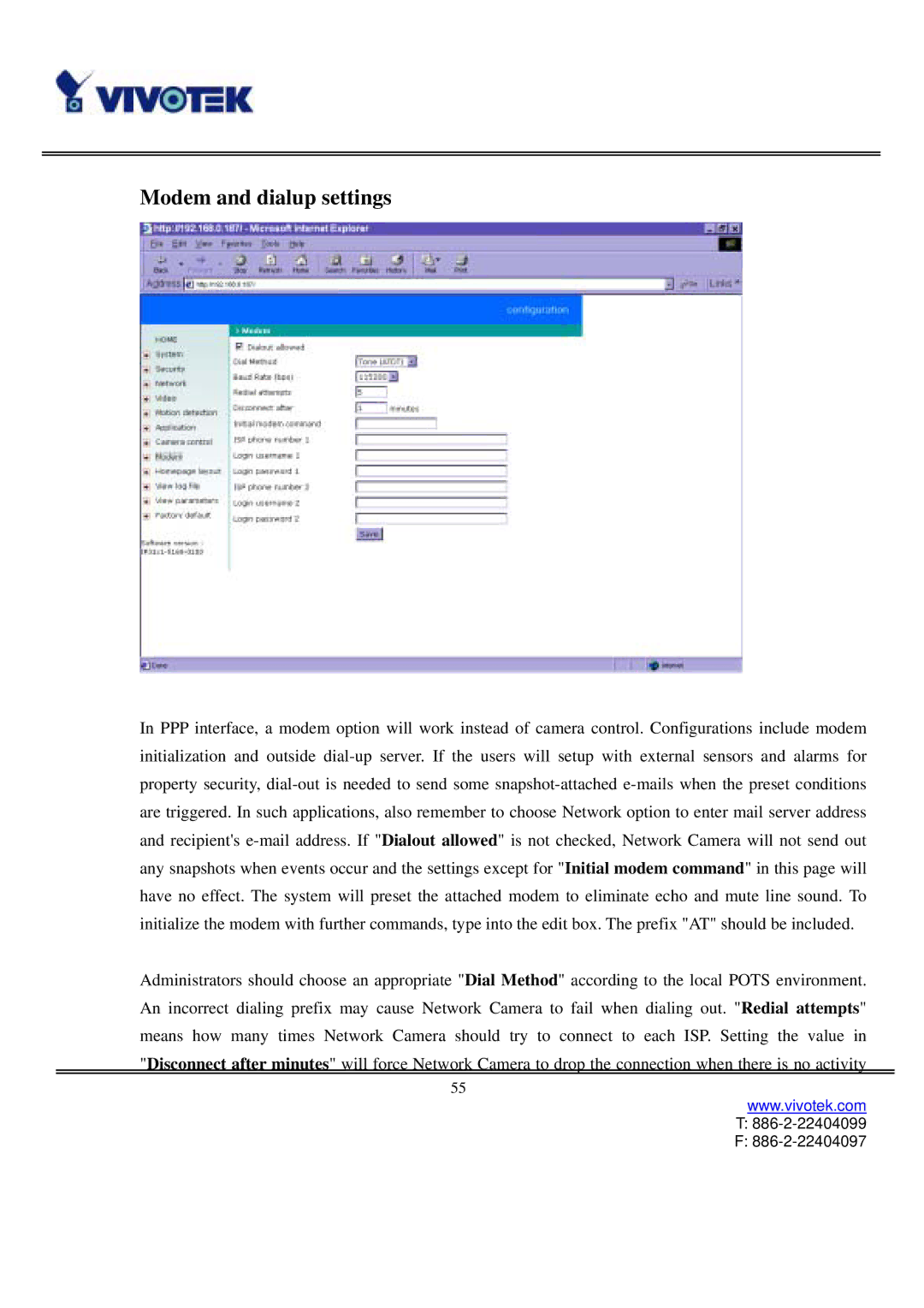 Vivotek IP3111/3121 manual Modem and dialup settings 