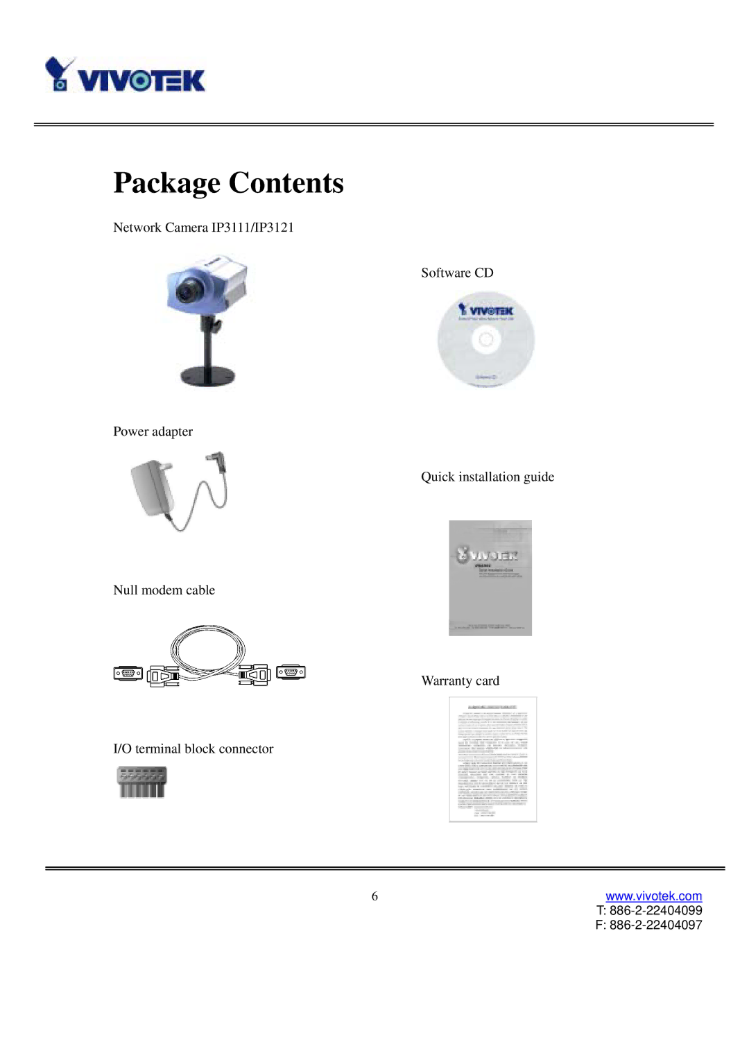 Vivotek IP3111/3121 manual Package Contents 