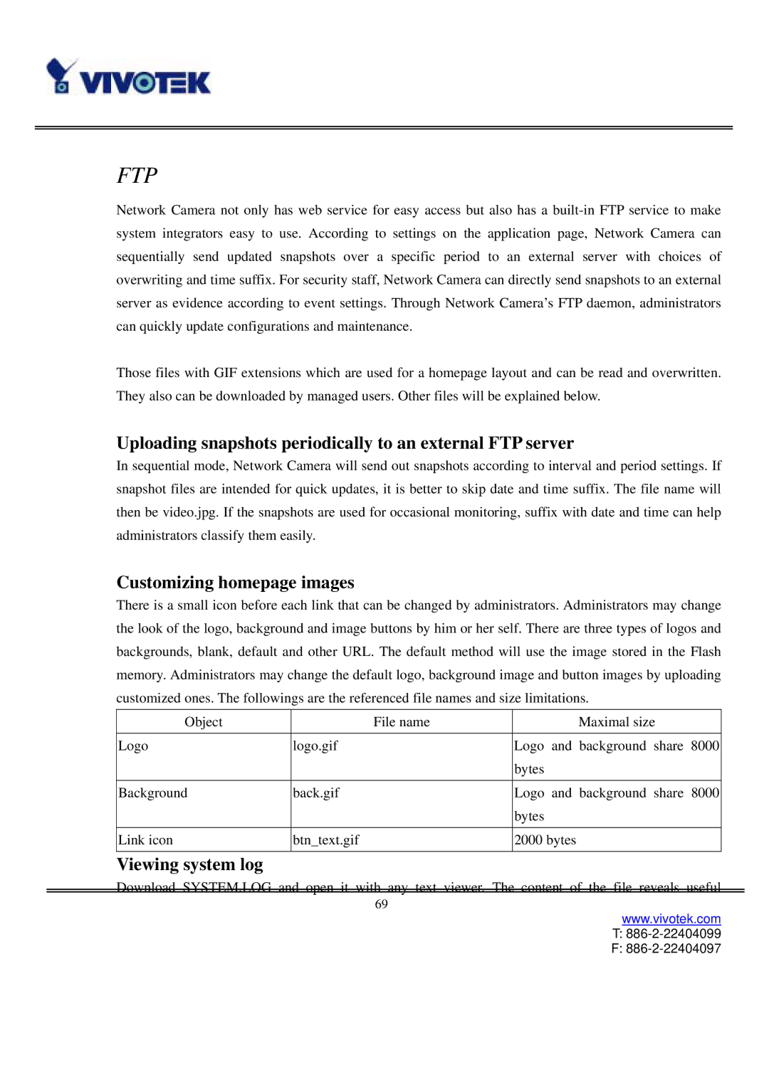 Vivotek IP3111/3121 manual Uploading snapshots periodically to an external FTP server, Customizing homepage images 