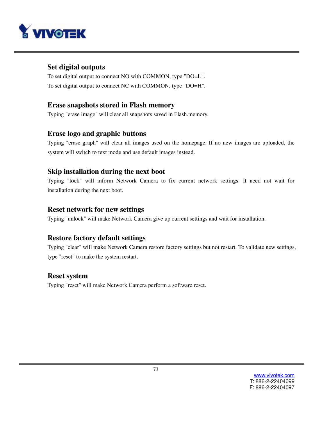 Vivotek IP3111/3121 manual Set digital outputs, Erase snapshots stored in Flash memory, Erase logo and graphic buttons 