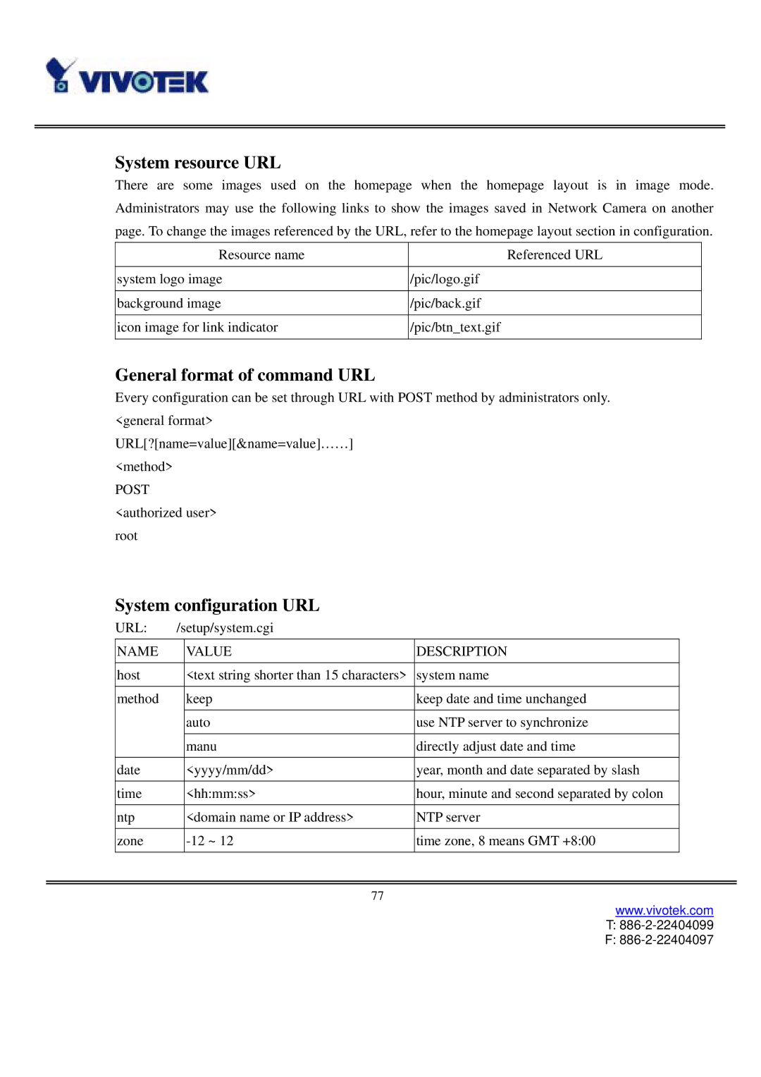 Vivotek IP3111/3121 manual System resource URL, General format of command URL, System configuration URL 