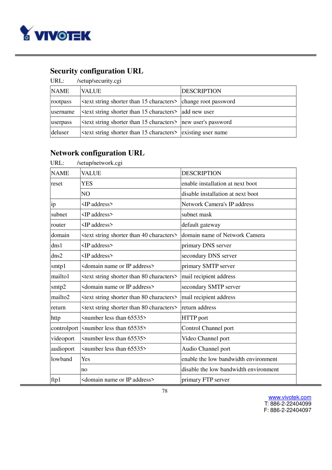 Vivotek IP3111/3121 manual Security configuration URL, Network configuration URL 