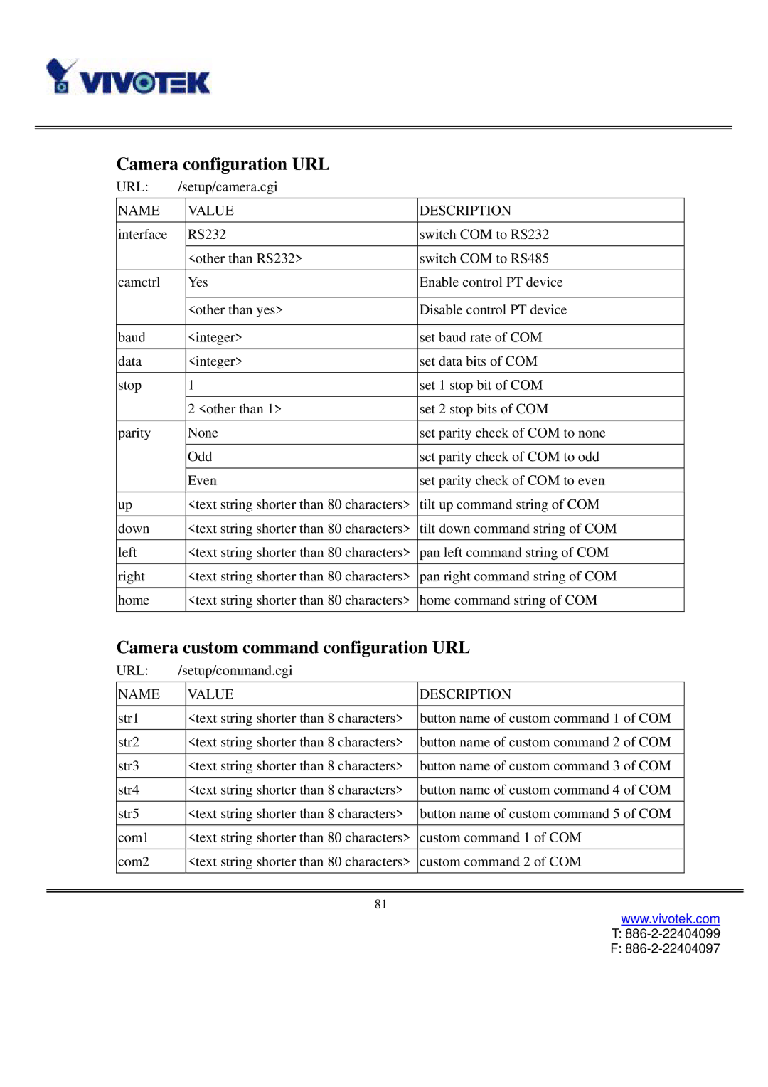 Vivotek IP3111/3121 manual Camera configuration URL, Camera custom command configuration URL 