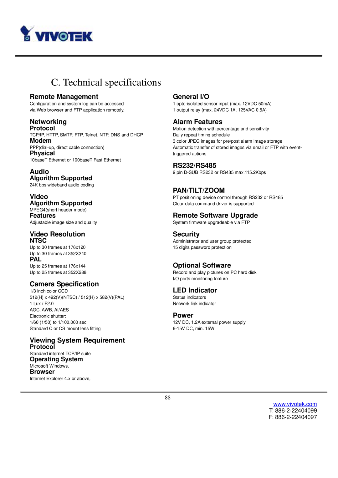 Vivotek IP3111/3121 manual Technical specifications, Networking 