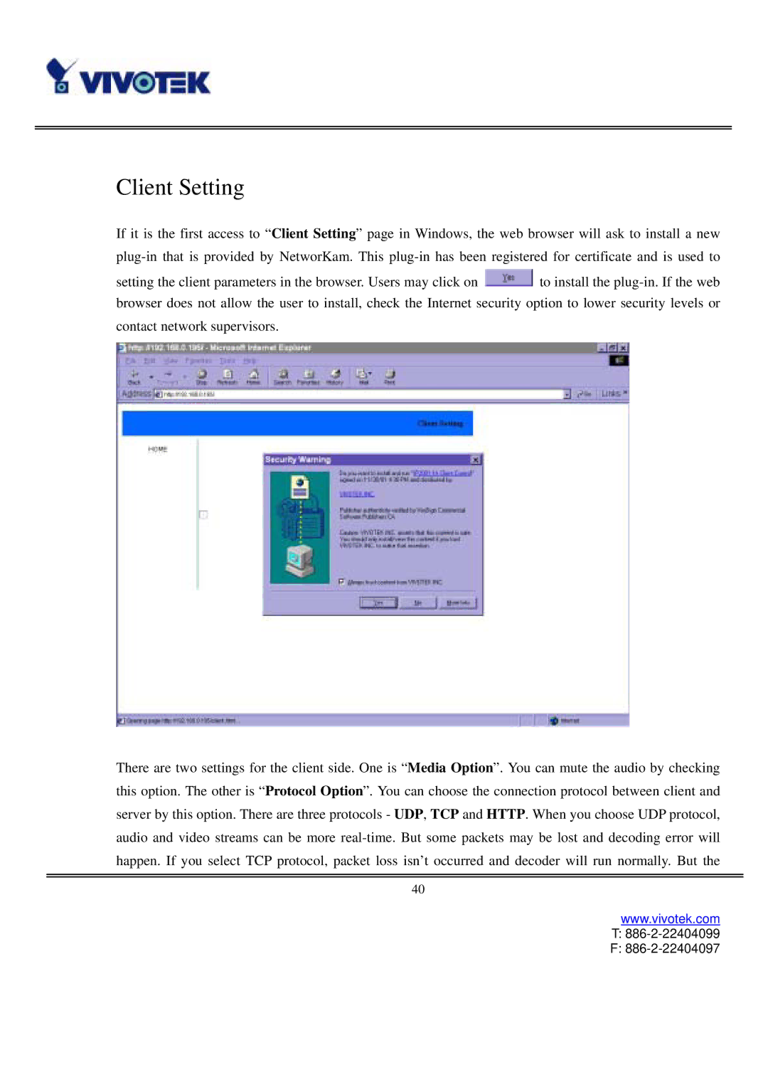 Vivotek IP3111/IP3121 user manual Client Setting 