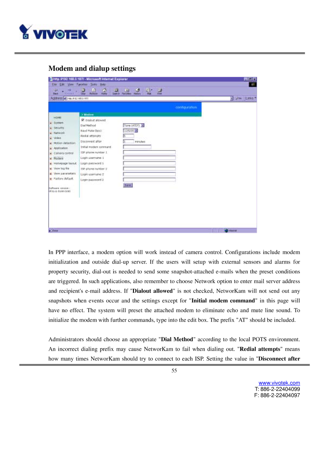 Vivotek IP3111/IP3121 user manual Modem and dialup settings 