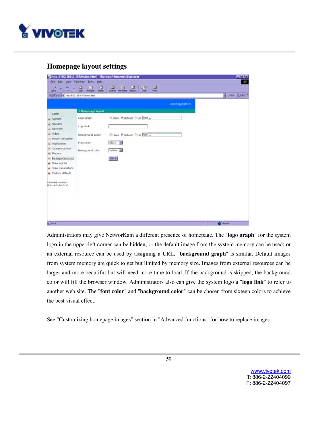 Vivotek IP3111/IP3121 user manual Homepage layout settings 