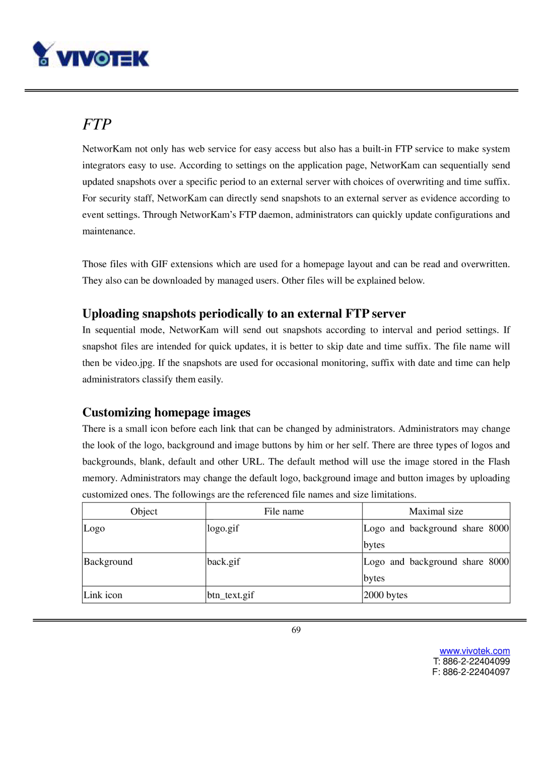 Vivotek IP3111/IP3121 user manual Uploading snapshots periodically to an external FTP server, Customizing homepage images 