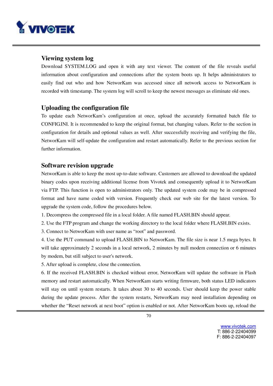 Vivotek IP3111/IP3121 user manual Uploading the configuration file, Software revision upgrade 