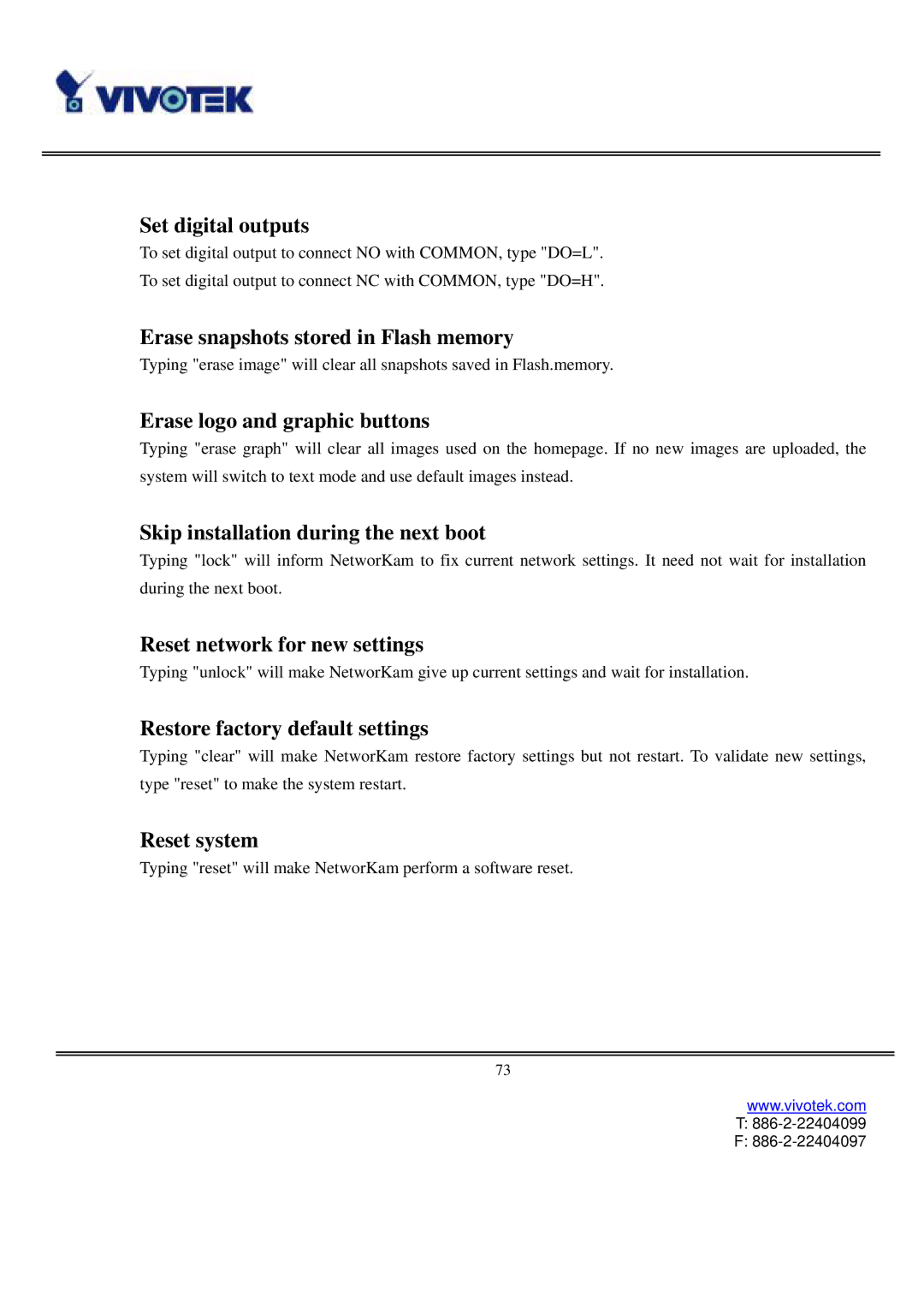 Vivotek IP3111/IP3121 Set digital outputs, Erase snapshots stored in Flash memory, Erase logo and graphic buttons 