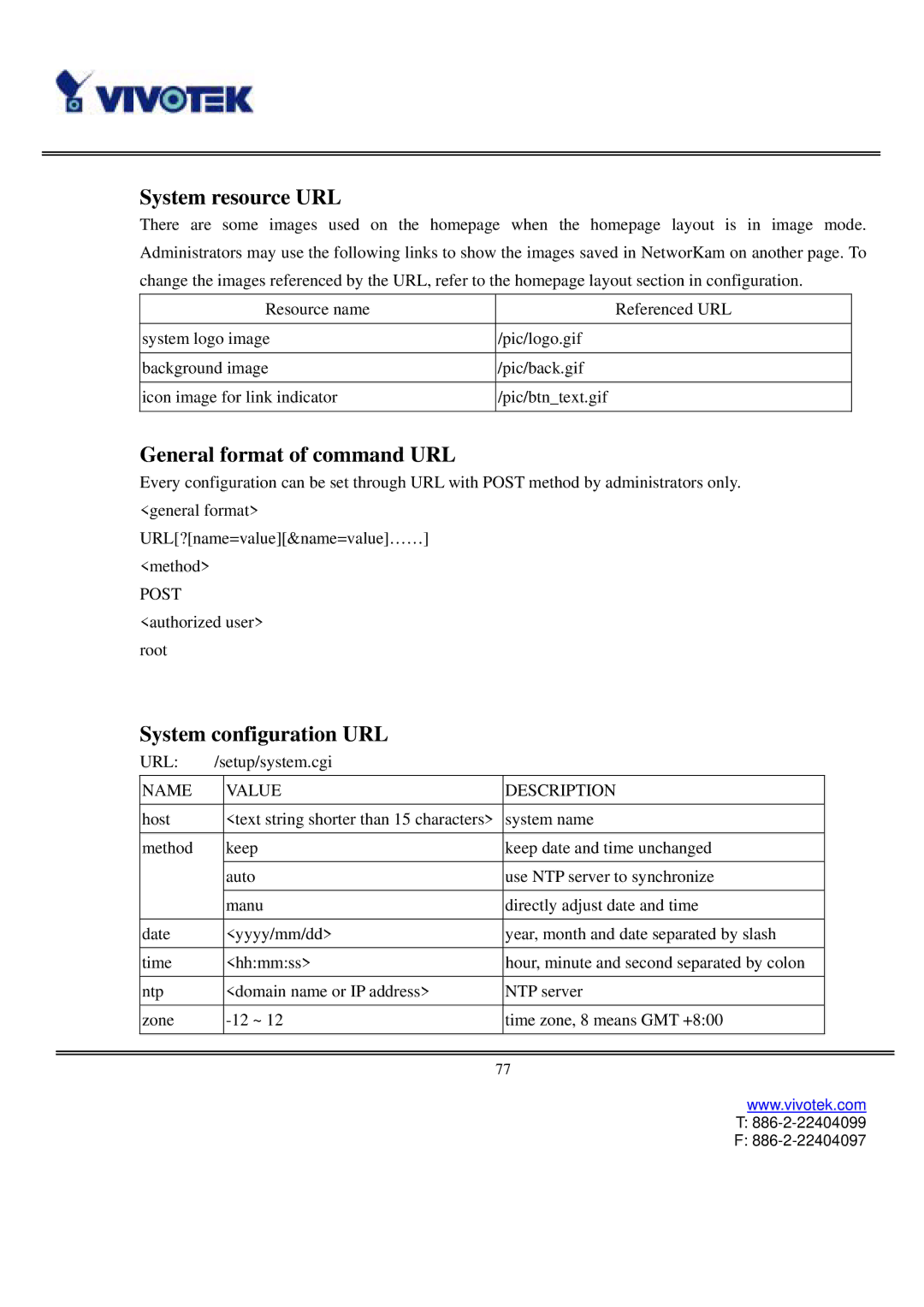 Vivotek IP3111/IP3121 user manual System resource URL, General format of command URL, System configuration URL 