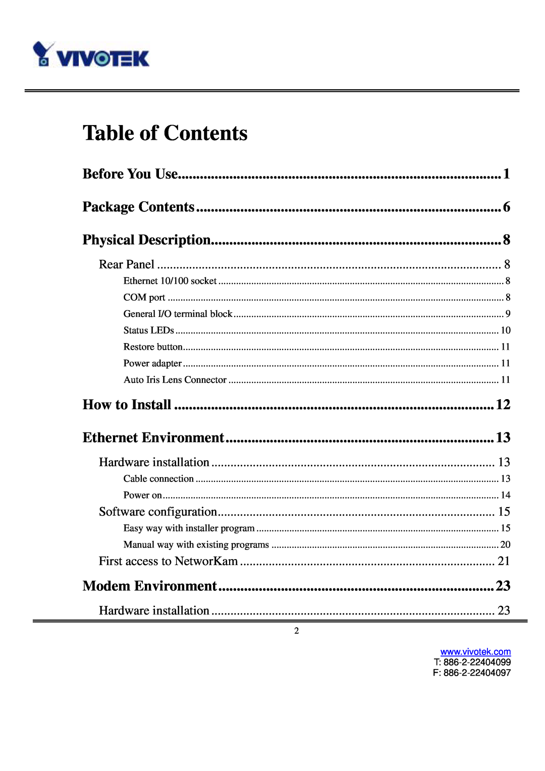 Vivotek IP3111/IP3121 user manual Table of Contents, Before You Use, Package Contents, Physical Description, Rear Panel 
