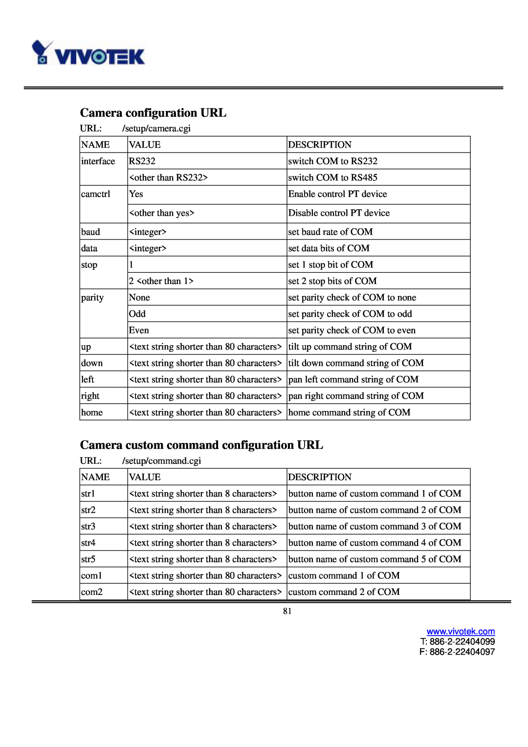 Vivotek IP3111/IP3121 user manual Camera configuration URL, Camera custom command configuration URL 