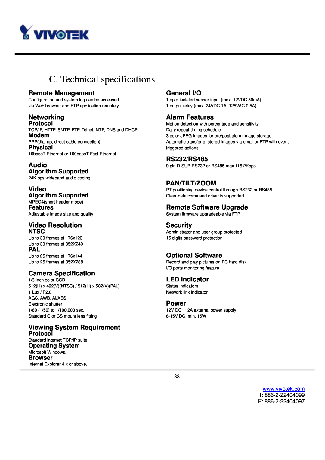 Vivotek IP3111/IP3121 user manual C. Technical specifications 