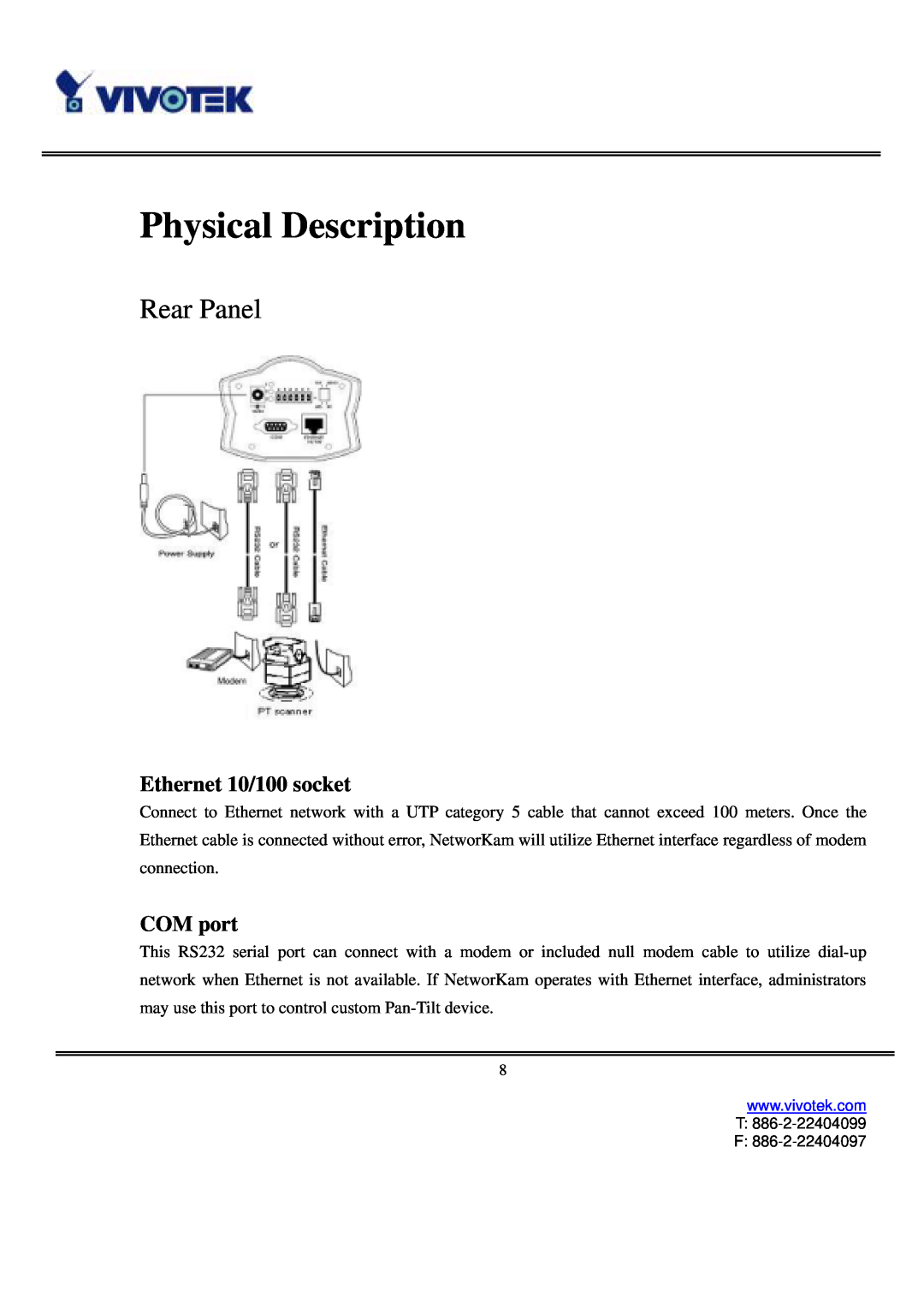 Vivotek IP3111/IP3121 user manual Physical Description, Rear Panel, Ethernet 10/100 socket, COM port 