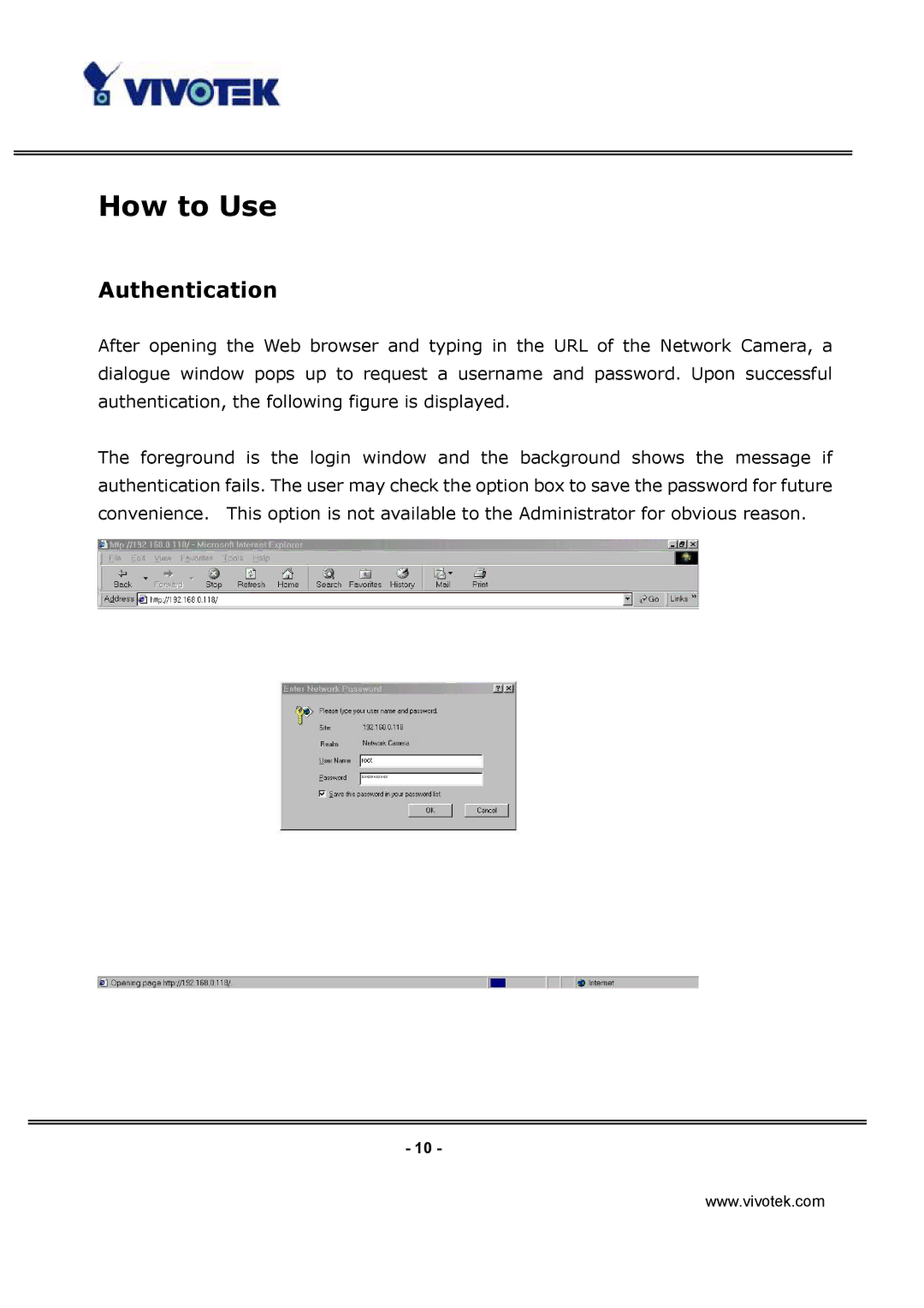 Vivotek IP3112/IP3122 manual How to Use, Authentication 