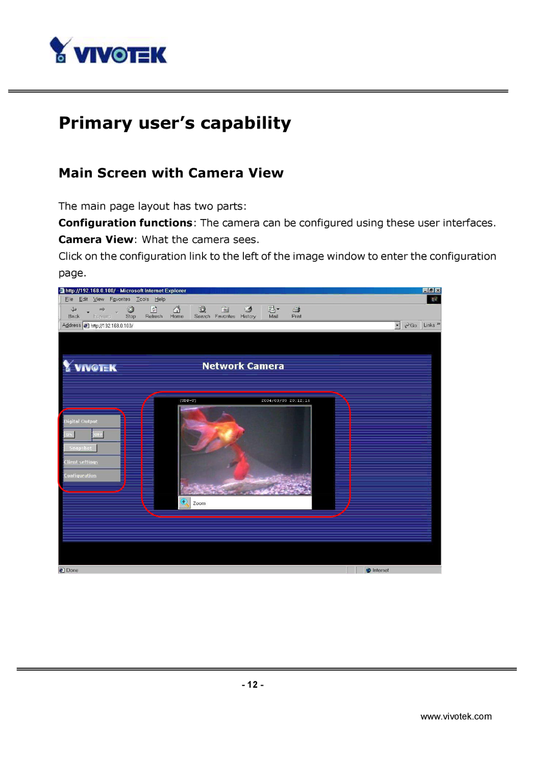 Vivotek IP3112/IP3122 manual Primary user’s capability, Main Screen with Camera View 