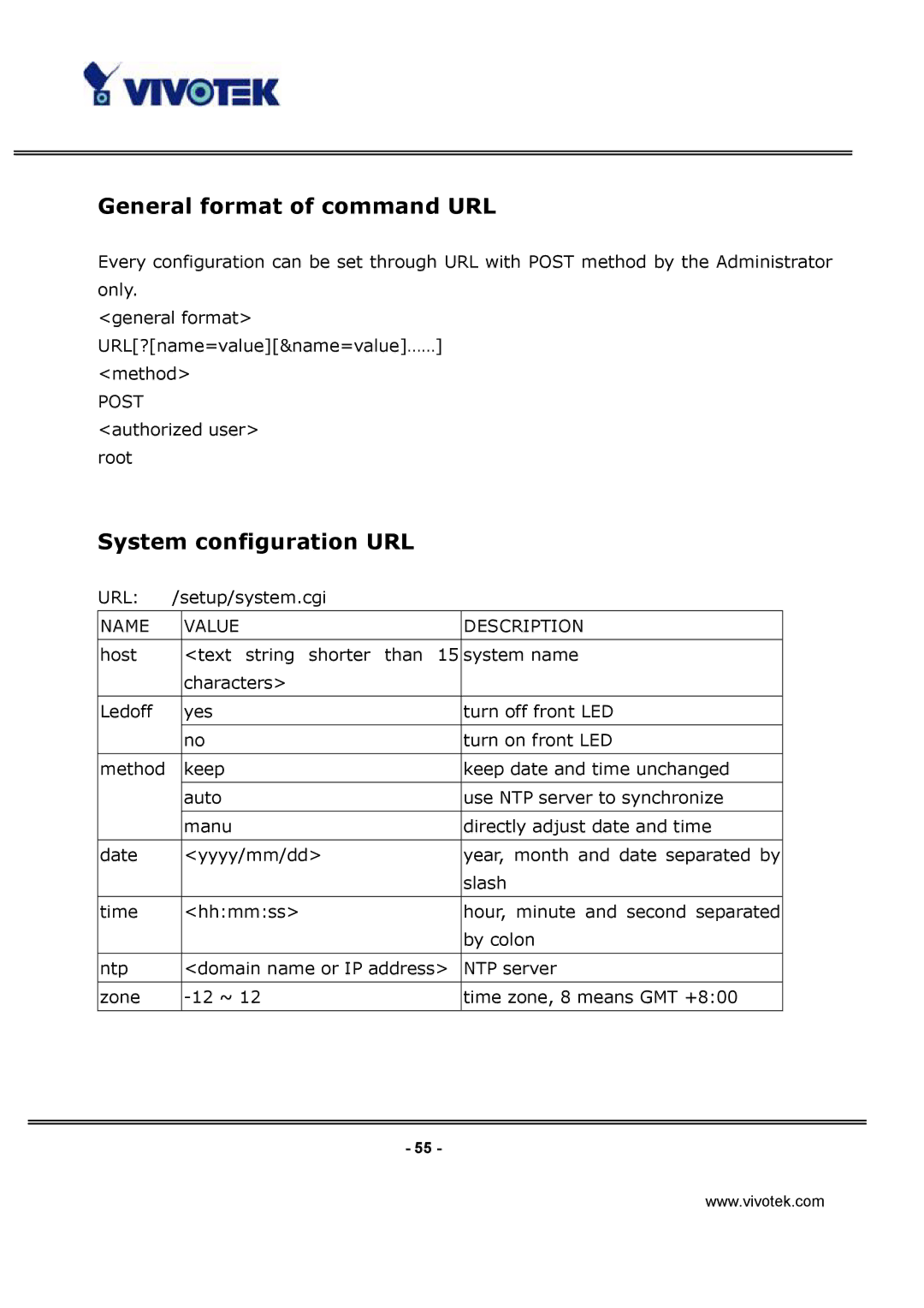 Vivotek IP3112/IP3122 manual General format of command URL, System configuration URL 