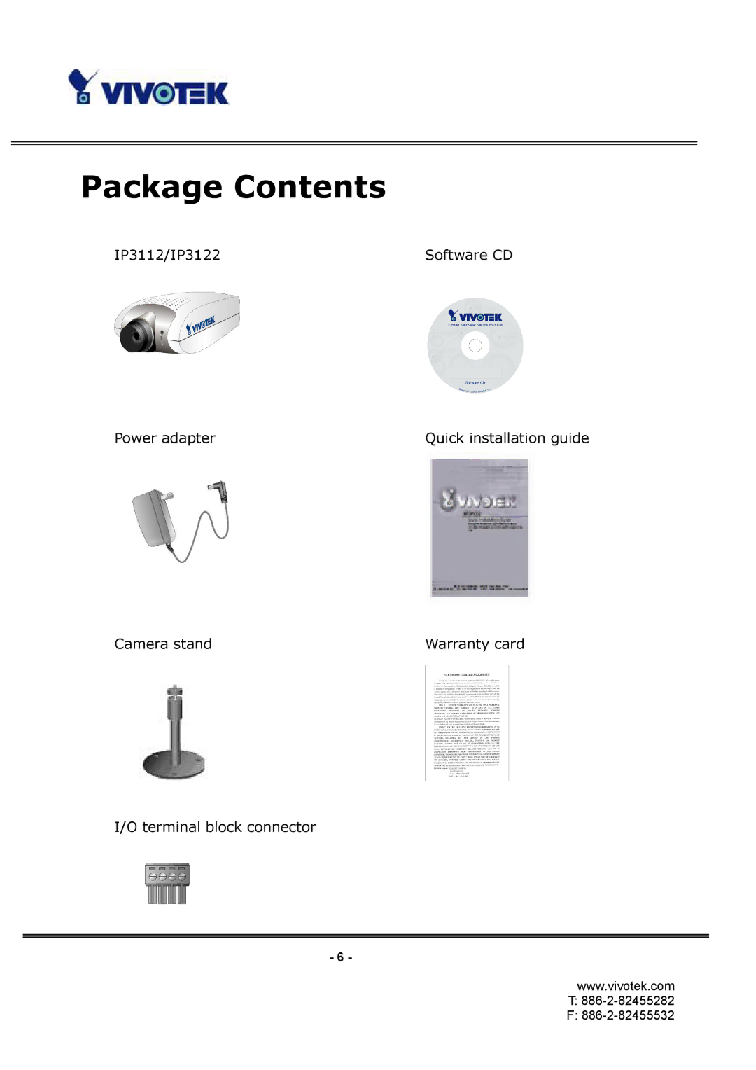 Vivotek IP3112/IP3122 manual Package Contents 