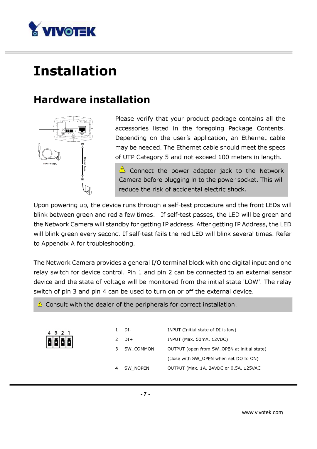 Vivotek IP3112/IP3122 manual Installation, Hardware installation 