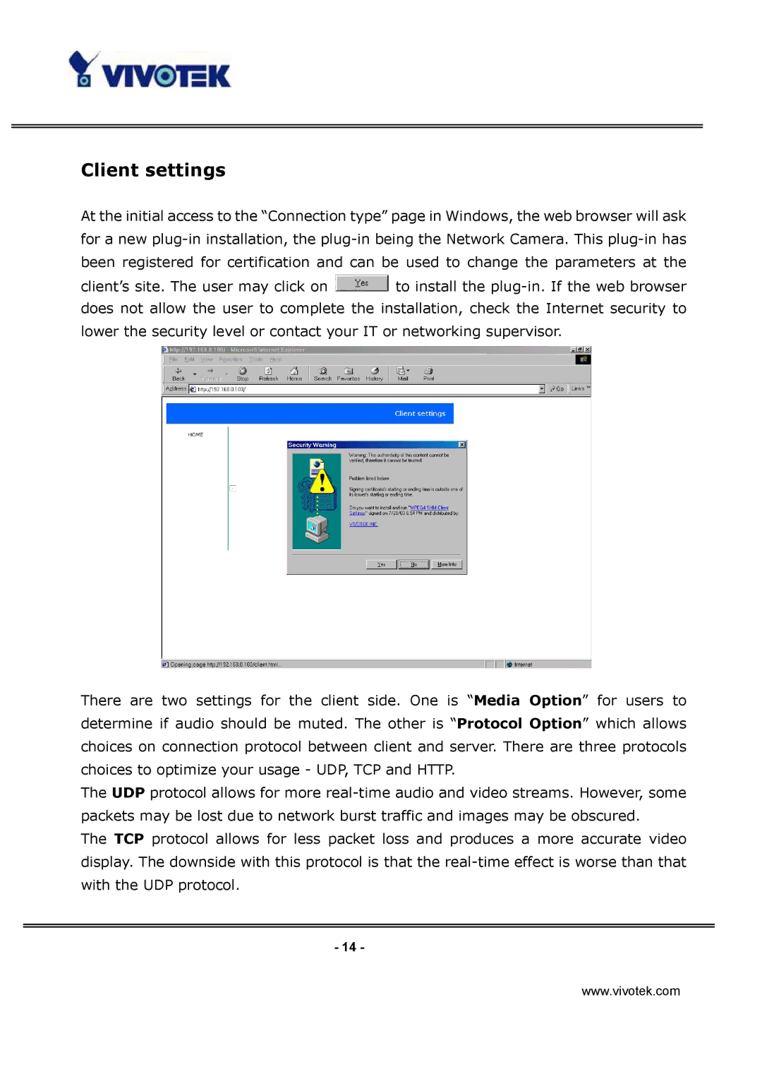 Vivotek IP3112, IP3122 manual Client settings 